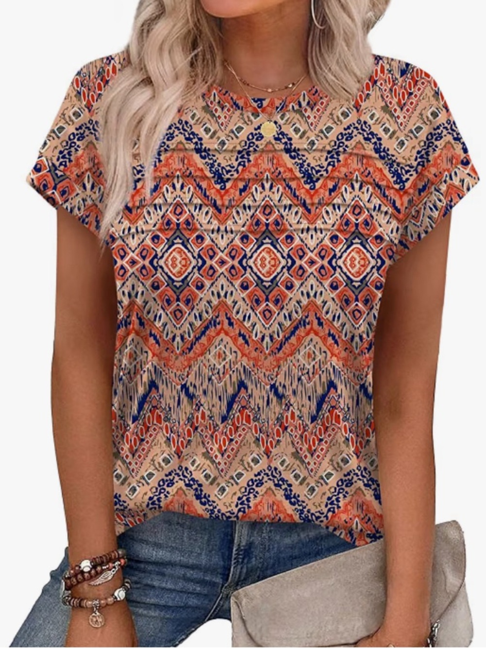 Boho Geometric Short Sleeve Top in Orange & Navy